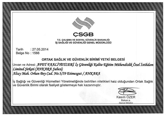 Ortak Sağlık ve Güvenkik Birimi Yetki Belgesi (Ankara)
